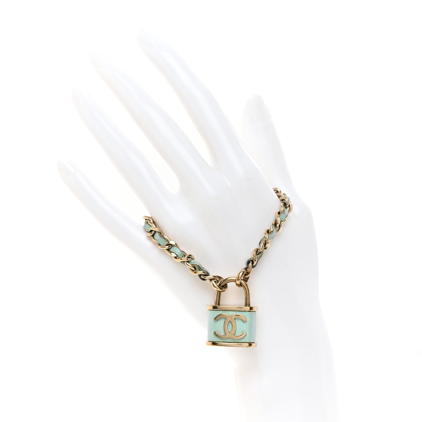 Metal Iridescent Lambskin Lock Bracelet Gold Light Blue