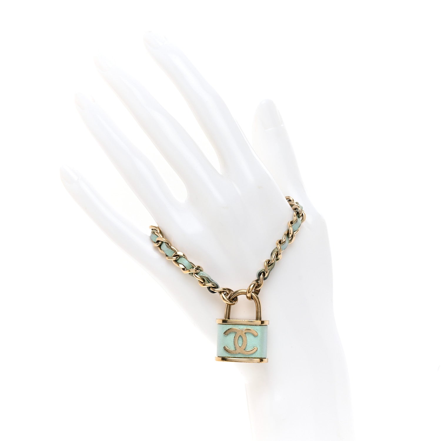 Chanel Metal Iridescent Lambskin Lock Bracelet Gold Light Blue 2 of 4