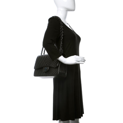 Chanel Lambskin Chevron Quilted Jumbo Double Flap So Black 3 of 9