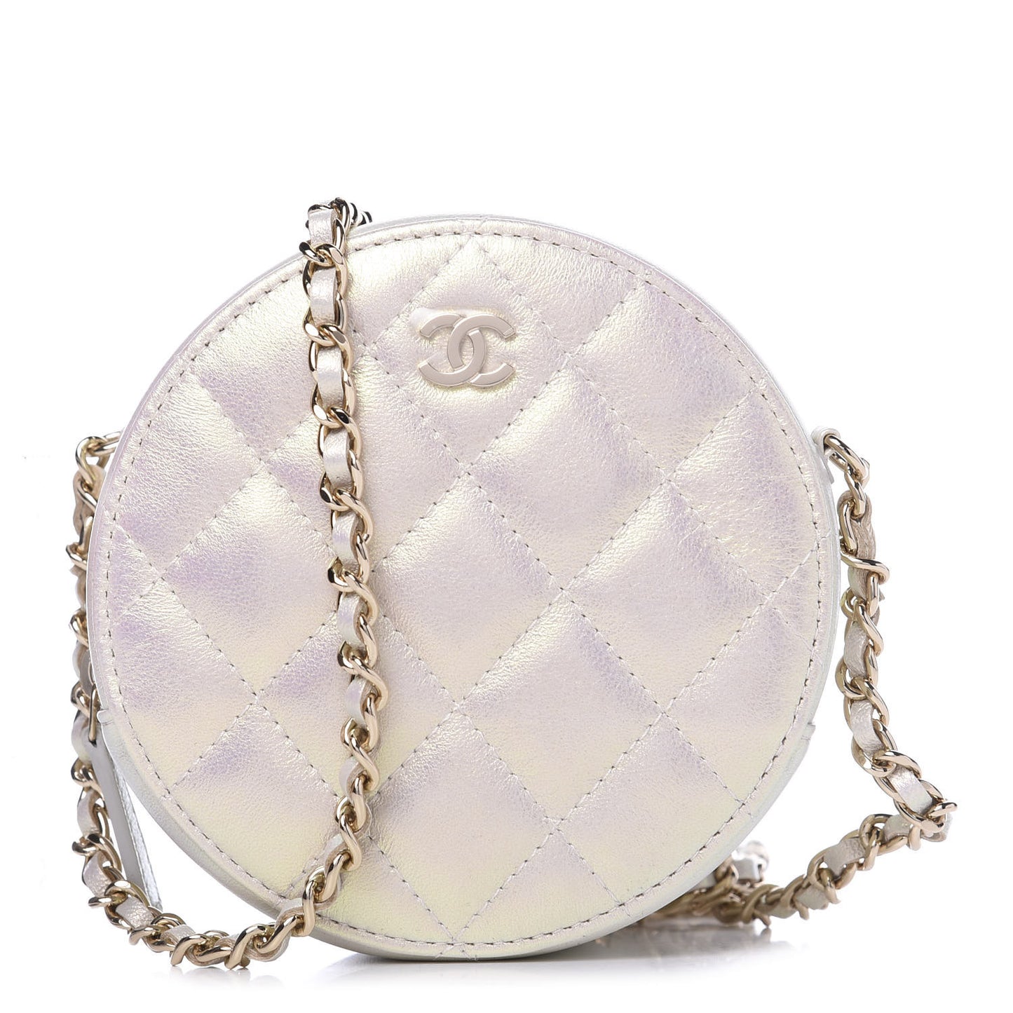 Iridescent Lambskin Quilted Round Clutch With Chain Ivory