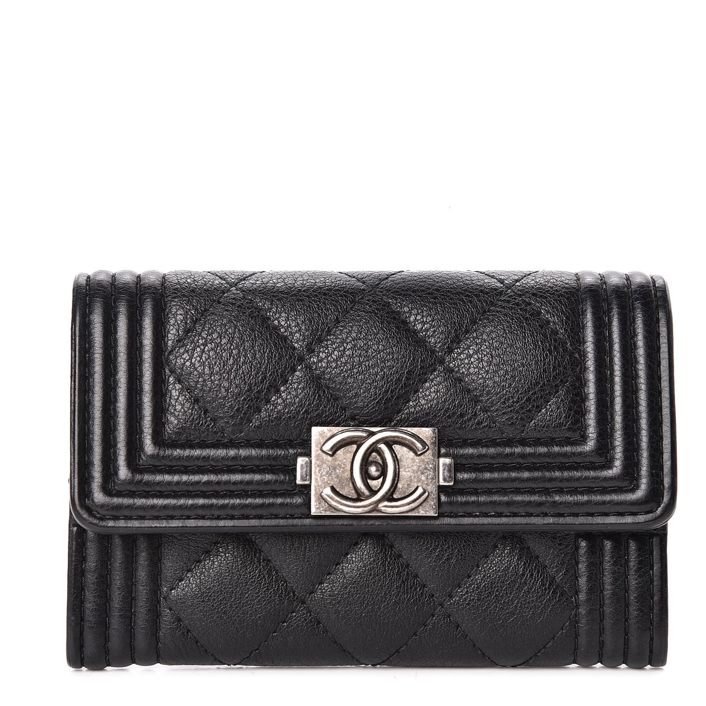 Calfskin Quilted Boy Flap Card Holder Black