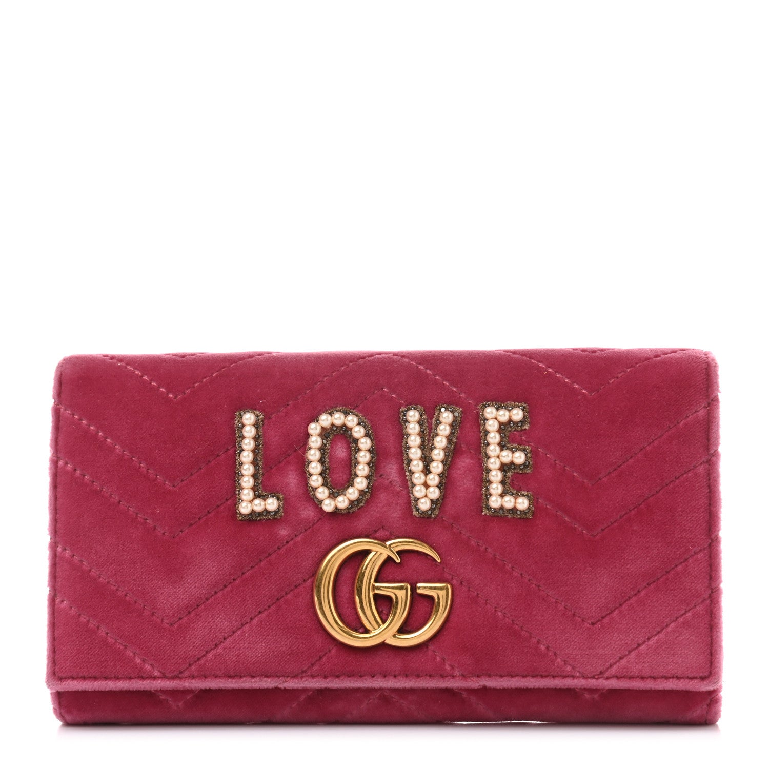 Gucci Velvet Matelasse Pearl Love Embroidered GG Marmont Wallet Light Raspberry Rose 1 of 7