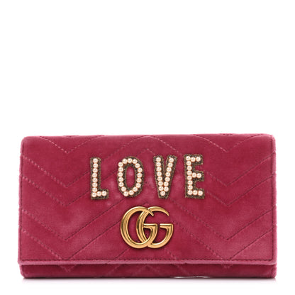 Gucci Velvet Matelasse Pearl Love Embroidered GG Marmont Wallet Light Raspberry Rose 1 of 7
