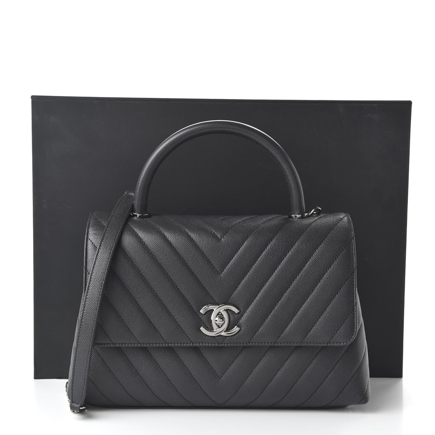 Caviar Chevron Quilted Small Coco Handle Flap Dark Grey