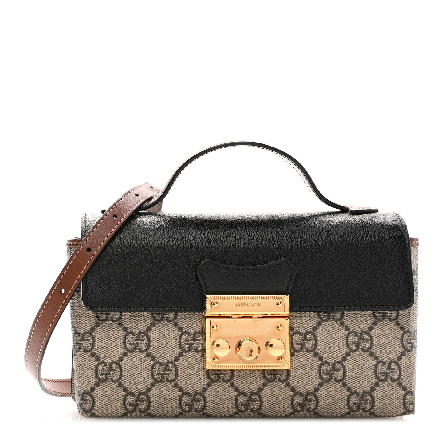 GG Supreme Monogram Calfskin Mini Padlock Top Handle Shoulder Bag Beige Black Cuir