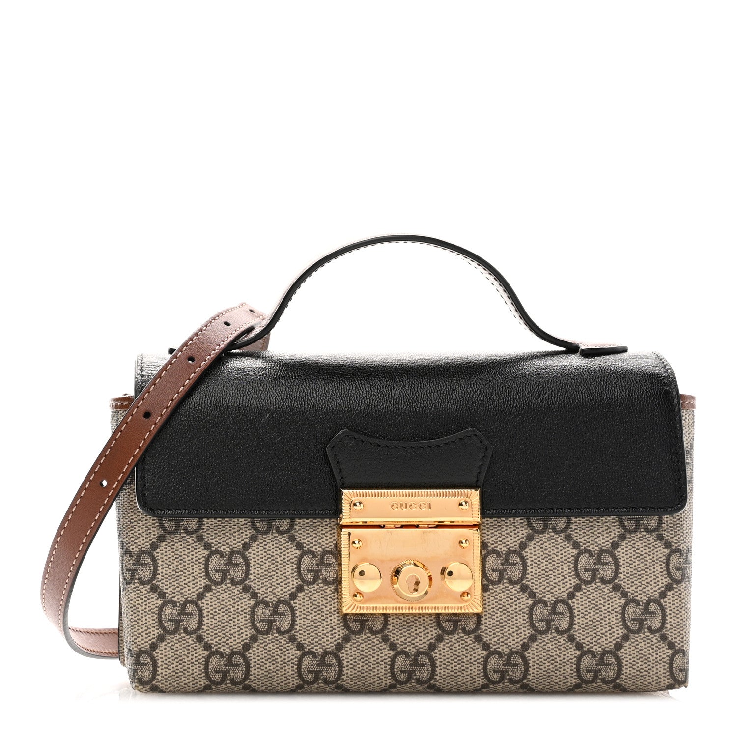 Gucci GG Supreme Monogram Calfskin Mini Padlock Top Handle Shoulder Bag Beige Black Cuir 1 of 10