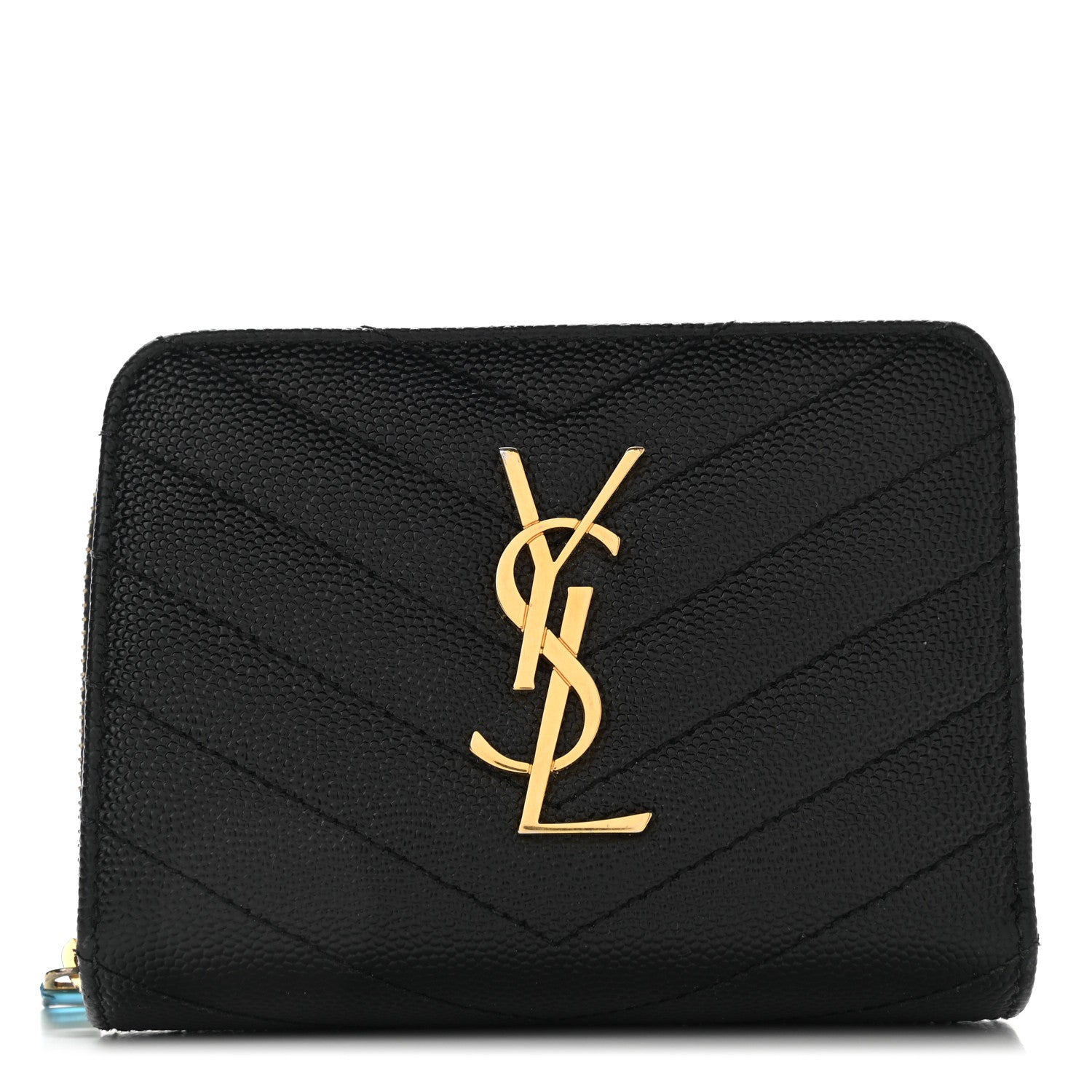 Saint Laurent Grain De Poudre Matelasse Chevron Monogram Compact Zip Around Wallet Black 1 of 9