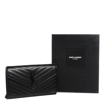Saint Laurent Grain De Poudre Matelasse Chevron Medium Monogram Chain Wallet Black 7 of 7