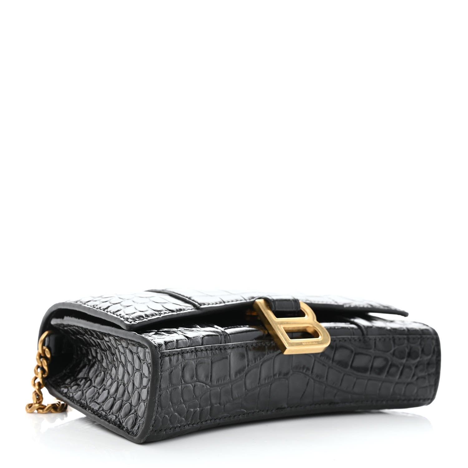 Balenciaga Shiny Calfskin Crocodile Embossed Hourglass Chain Bag Black 4 of 9