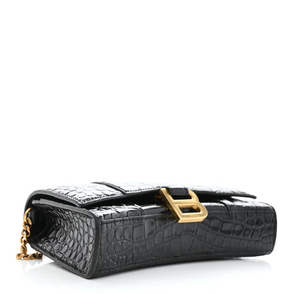 Balenciaga Shiny Calfskin Crocodile Embossed Hourglass Chain Bag Black 4 of 9