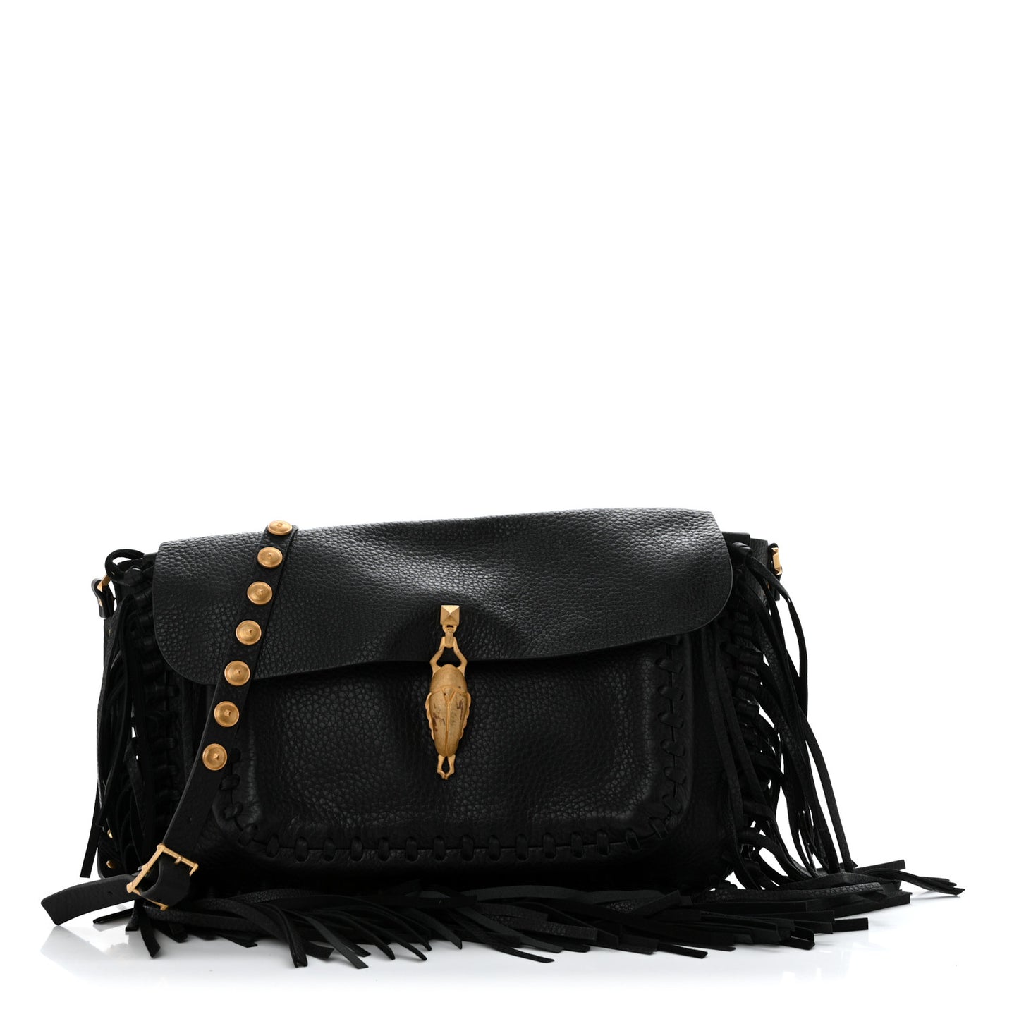 Grained Calfskin C Rockee Scarab Fringe Shoulder Bag Black