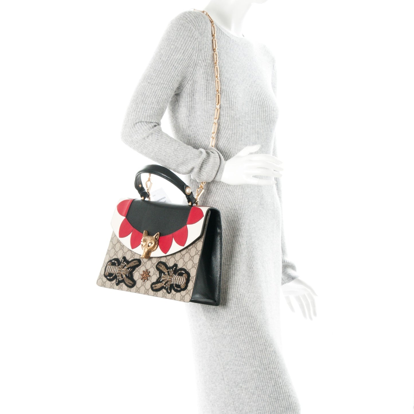 GG Supreme Monogram Goatskin Pearl Embroidered Medium Fox Broche Top Handle Bag Beige Ebony Black Hibiscus Red Mystic White