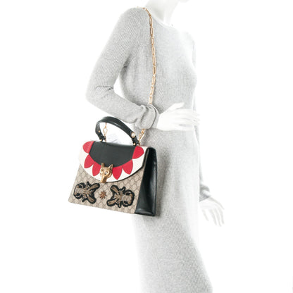 Gucci GG Supreme Monogram Goatskin Pearl Embroidered Medium Fox Broche Top Handle Bag Beige Ebony Black Hibiscus Red Mystic White 2 of 7