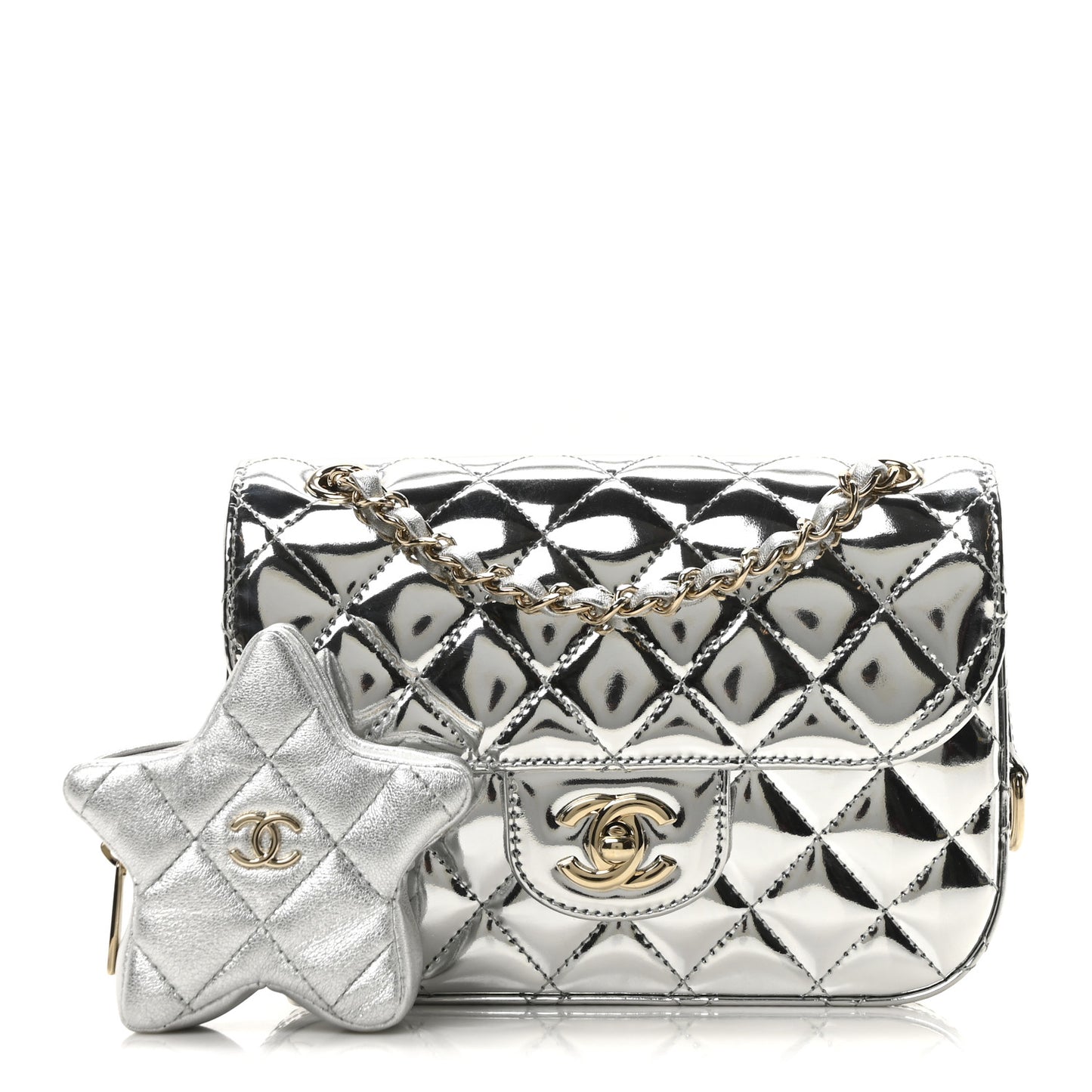 Mirror Calfskin Metallic Calfskin Quilted Hollywood Boulevard Mini Flap With Star Coin Purse Silver