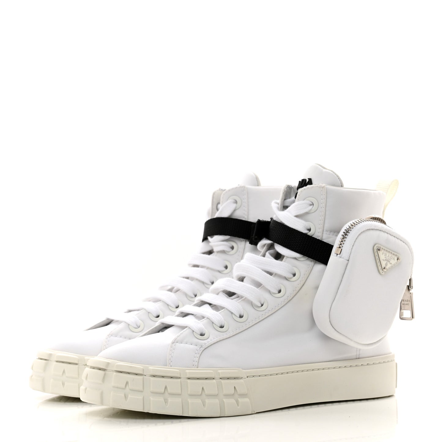 Re-Nylon Gabardine Metal Triangle Logo Wheel Pouch Pocket High Top Sneakers 38 White