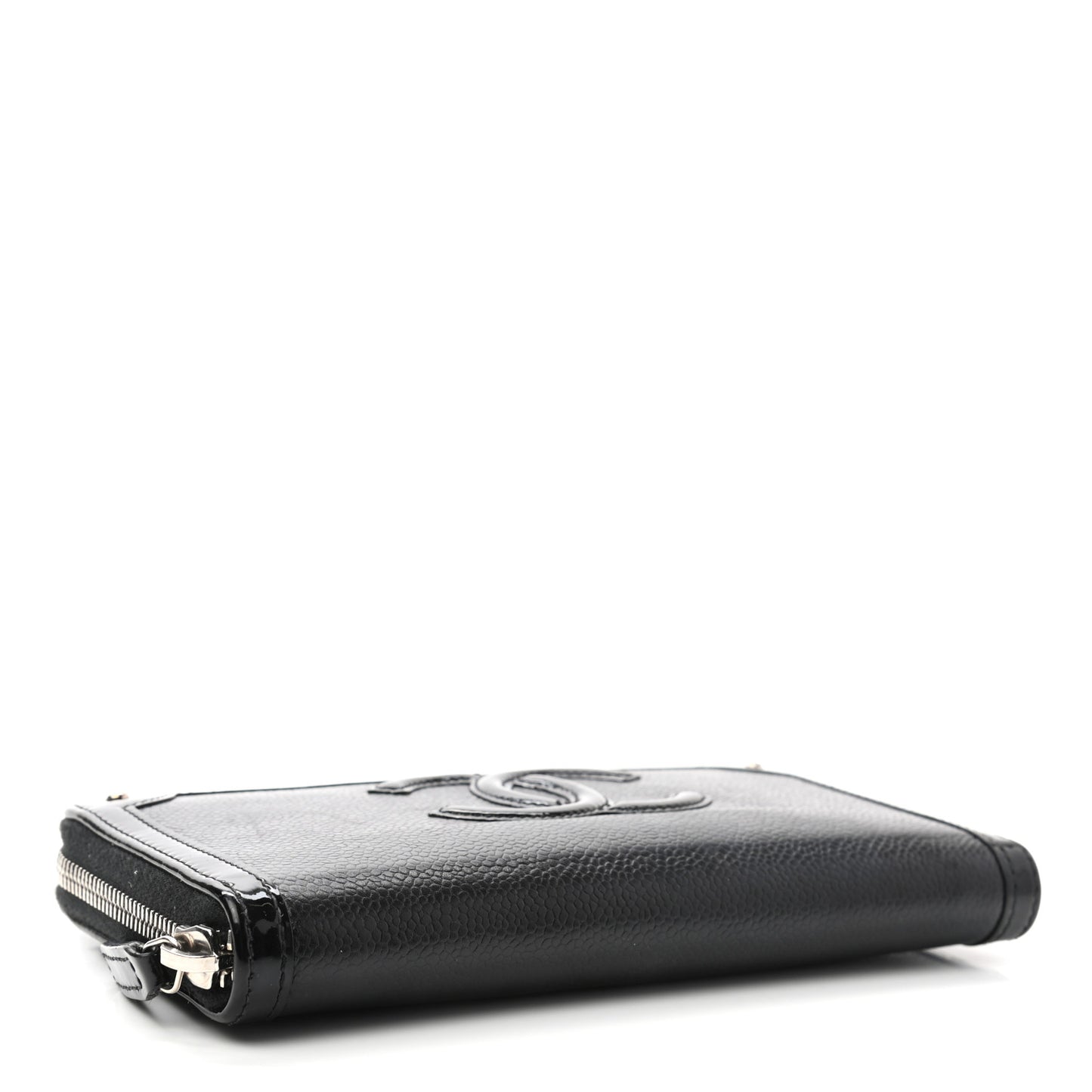 Caviar Patent Small CC Contour Zip Around Wallet Black