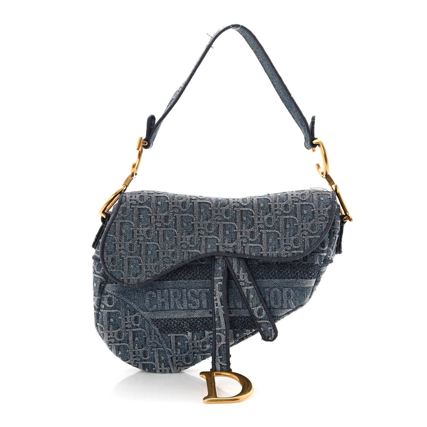 Christian Dior Oblique Embroidered Saddle Bag Denim Blue 1 of 12