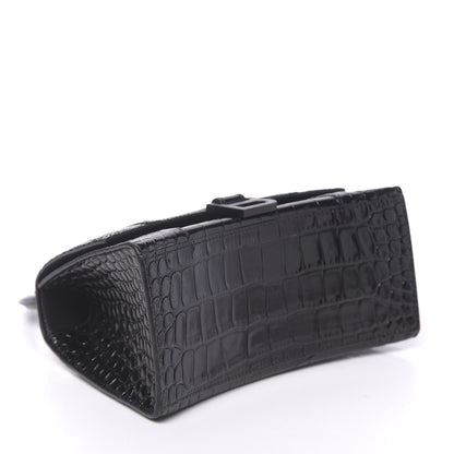 Balenciaga Shiny Calfskin Monochrome Crocodile Embossed Small Hourglass Top Handle Bag Black 4 of 9
