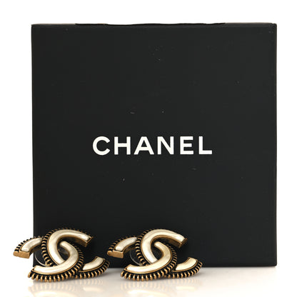 Chanel Metal Enamel CC Earrings Gold White 5 of 5