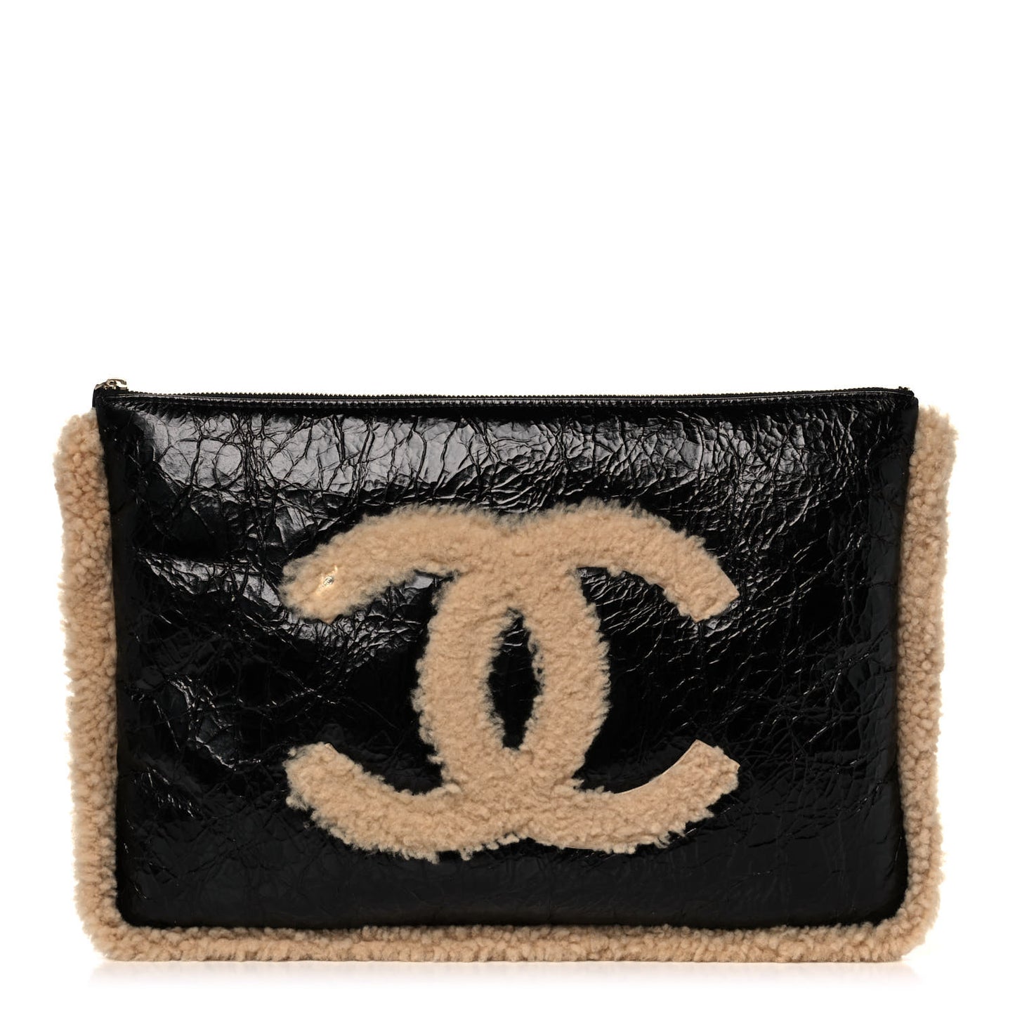 Shiny Crumpled Sheepskin Shearling CC Mania Zip Pouch Black Beige