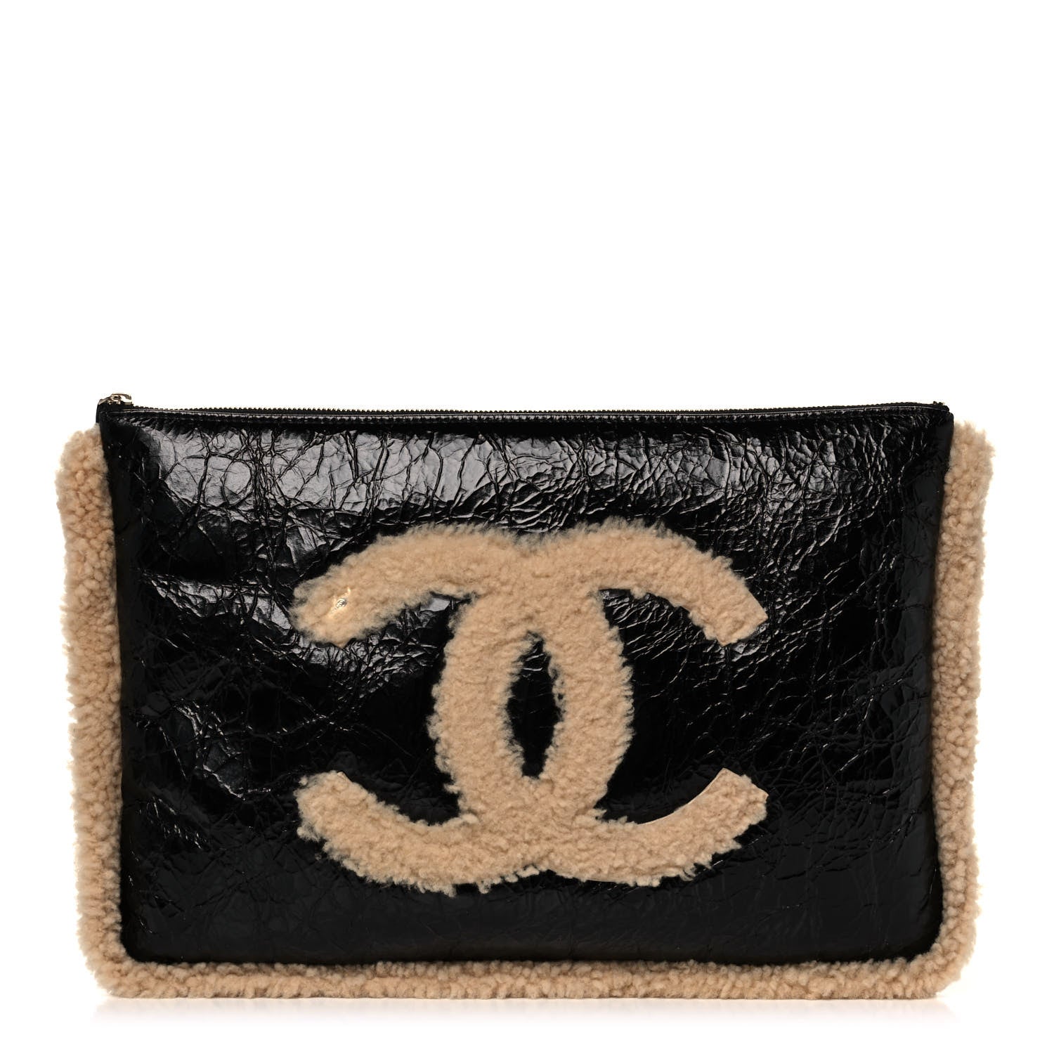 Chanel Shiny Crumpled Sheepskin Shearling CC Mania Zip Pouch Black Beige 1 of 10