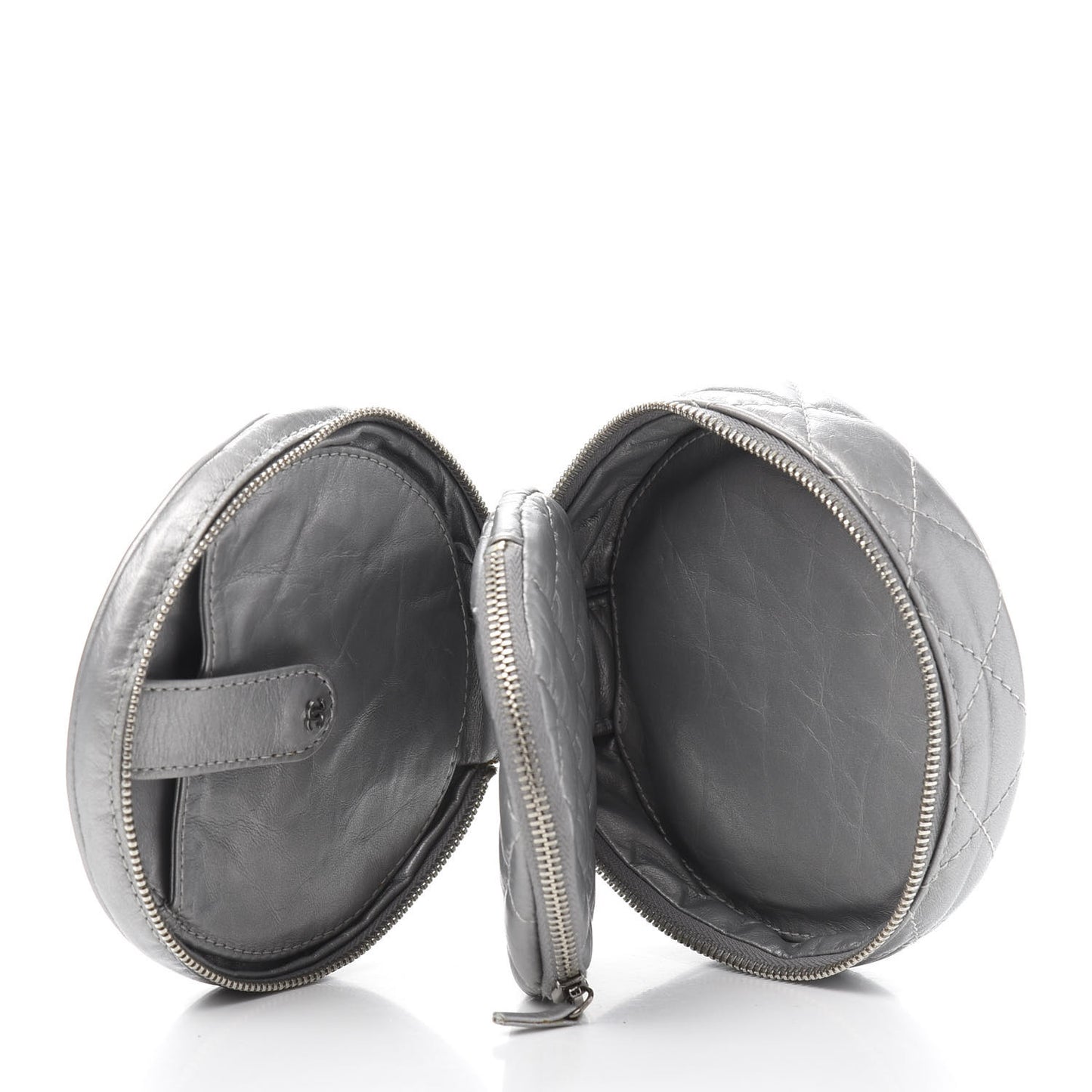 Metallic Aged Calfskin Quilted Round Bag Silver