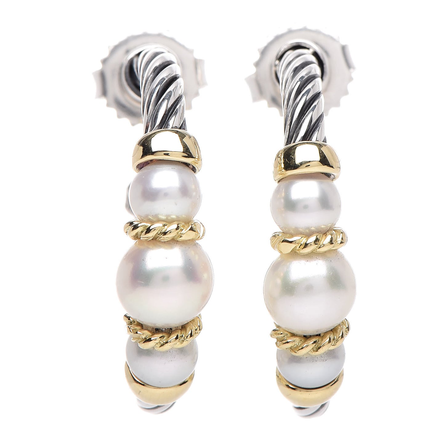 Sterling Silver 18K Yellow Gold Freshwater Pearl Cable Hoop Earrings