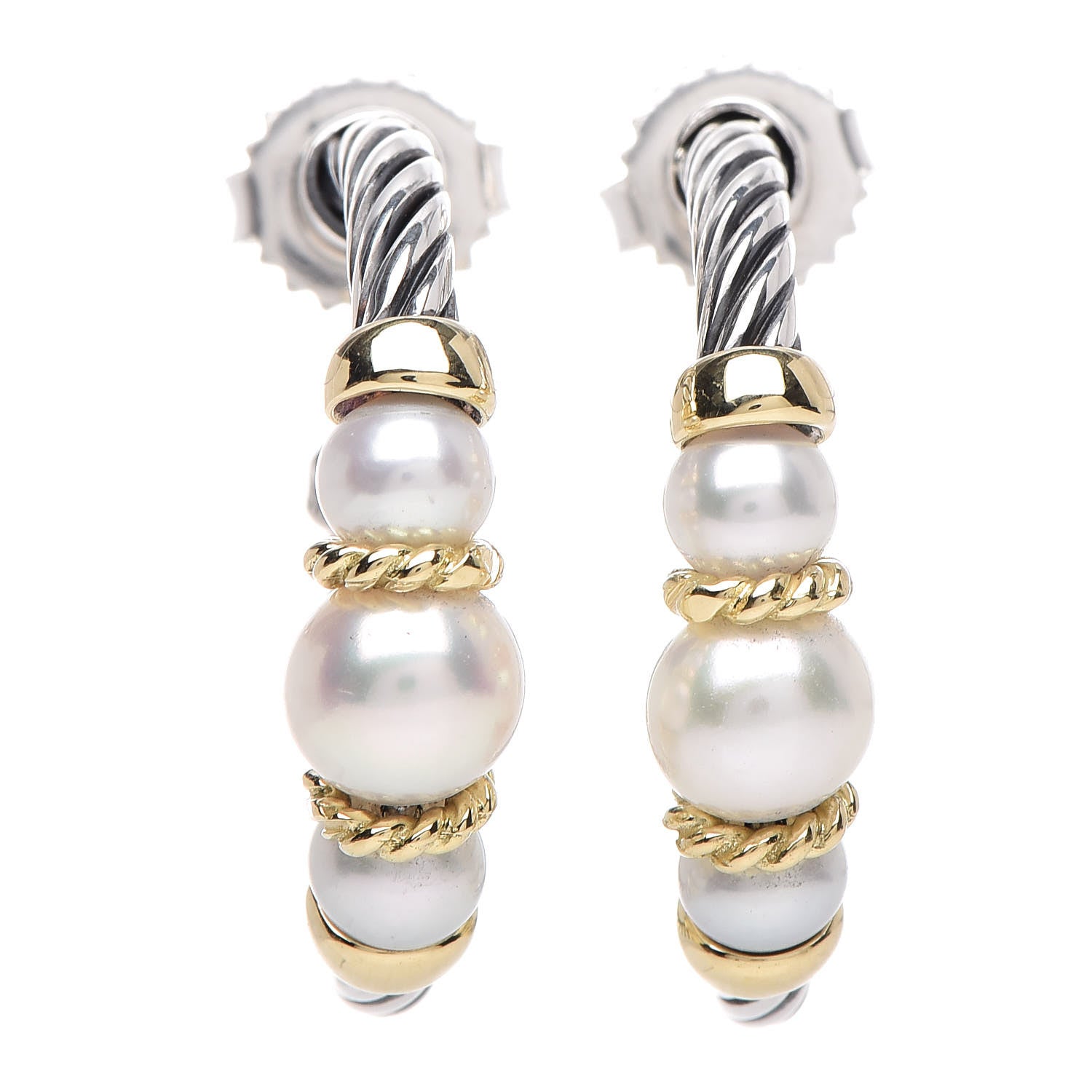 David Yurman Sterling Silver 18K Yellow Gold Freshwater Pearl Cable Hoop Earrings 1 of 4