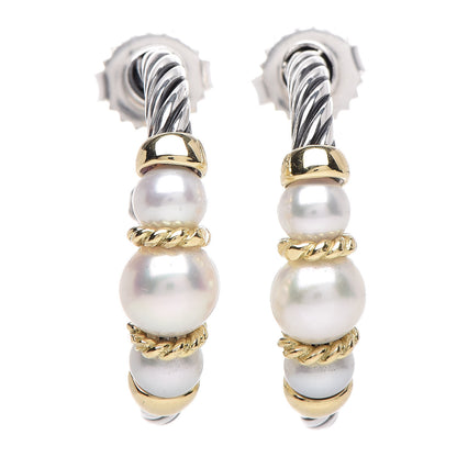 David Yurman Sterling Silver 18K Yellow Gold Freshwater Pearl Cable Hoop Earrings 1 of 4