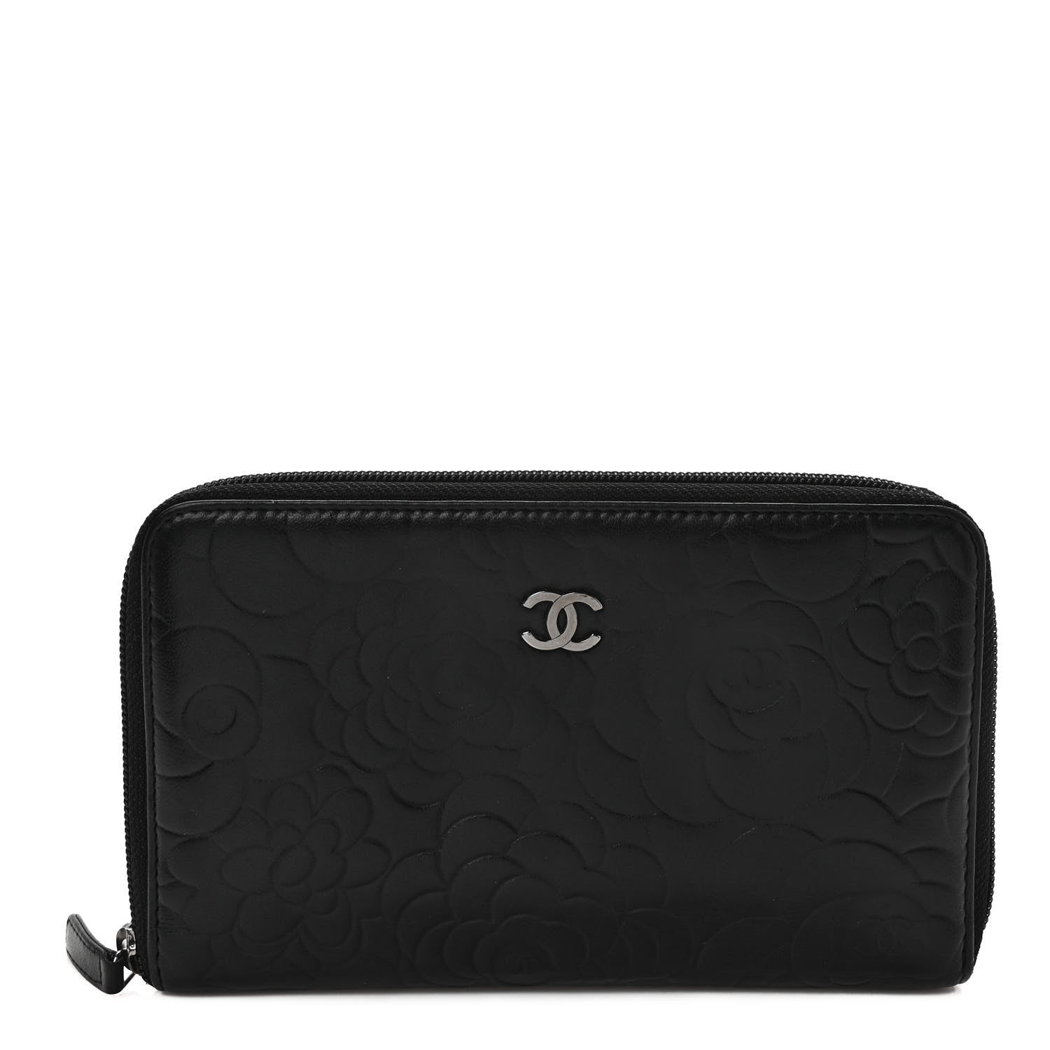 Chanel Lambskin Camellia Embossed Zip Around Organizer Wallet Black 1 of 7