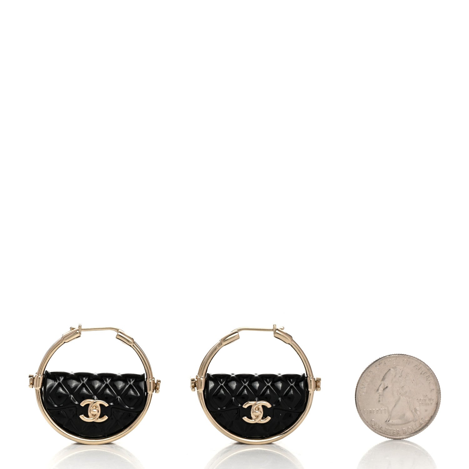 Chanel Metal Resin Quilted Flap Bag Hoop Earrings Black Gold 2 of 4