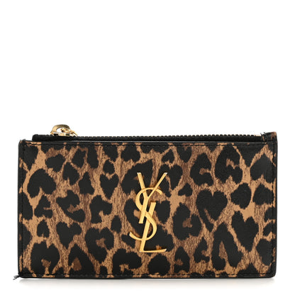Saint Laurent Calfskin Leopard Print Monogram 5 Fragments Zip Pouch Card Holder Toffee Manto Naturale 1 of 10