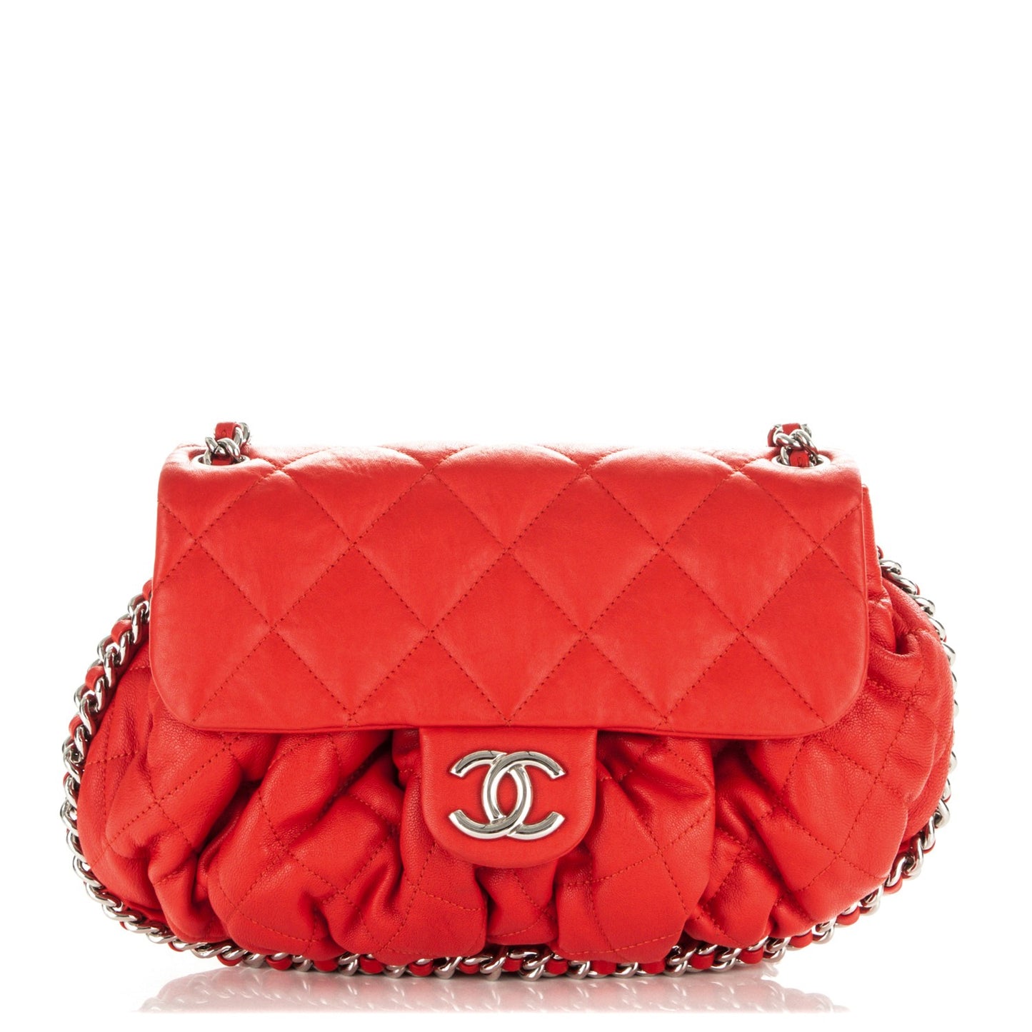 Washed Lambskin Quilted Medium Chain Around Messenger Red