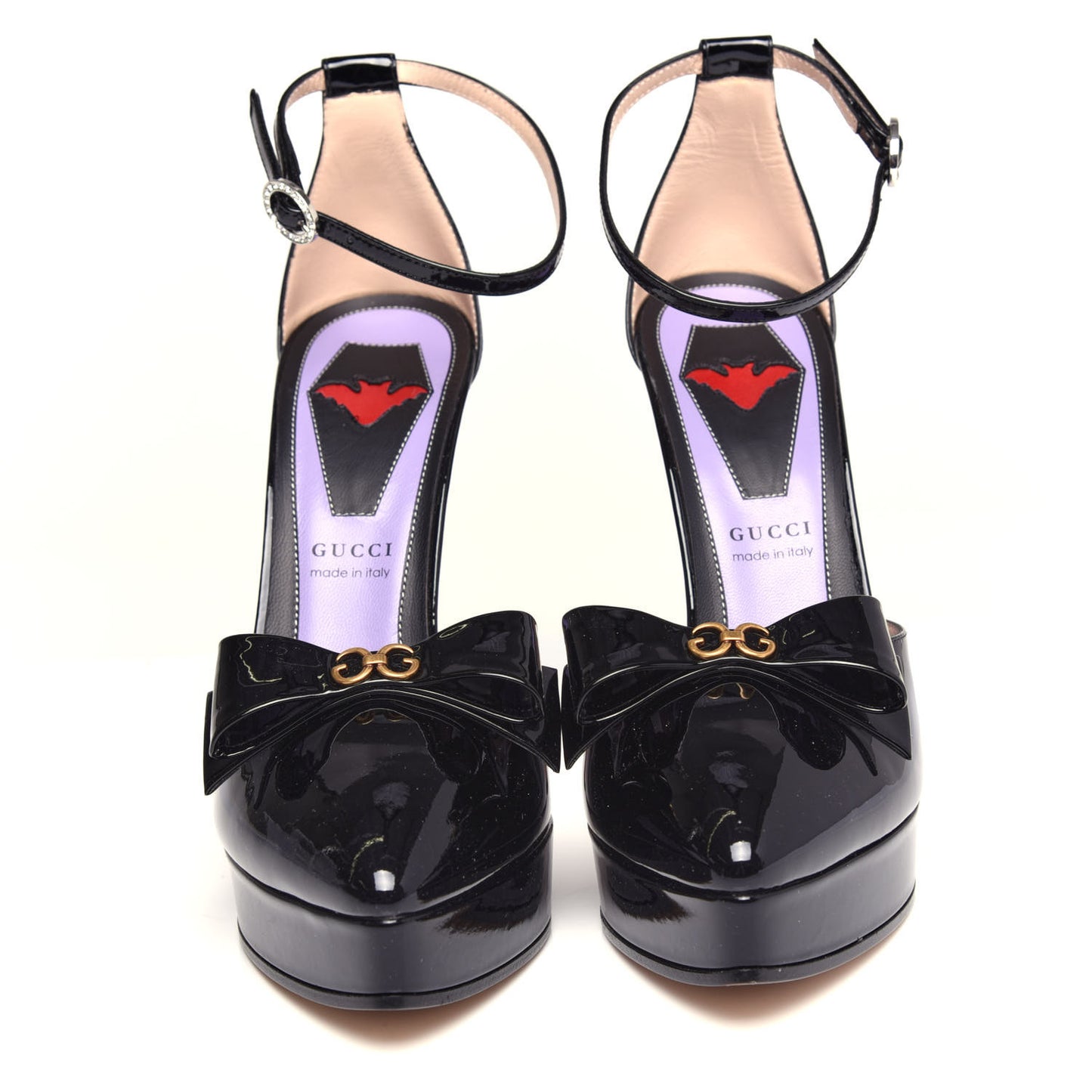 Patent Crystal GG Bow Sadie Spike Ankle Strap d'Orsay Platform High Heel Pumps 37 Black
