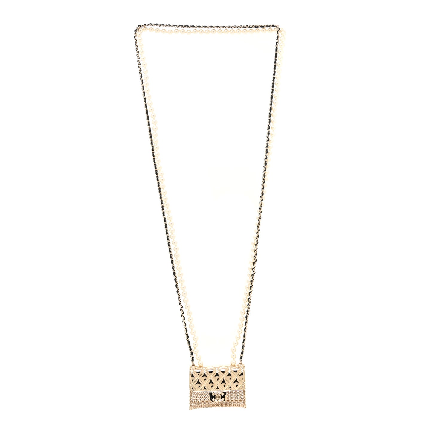 Metal Lambskin Pearl Chain Flap Bag Long Necklace Gold Black Pearly White