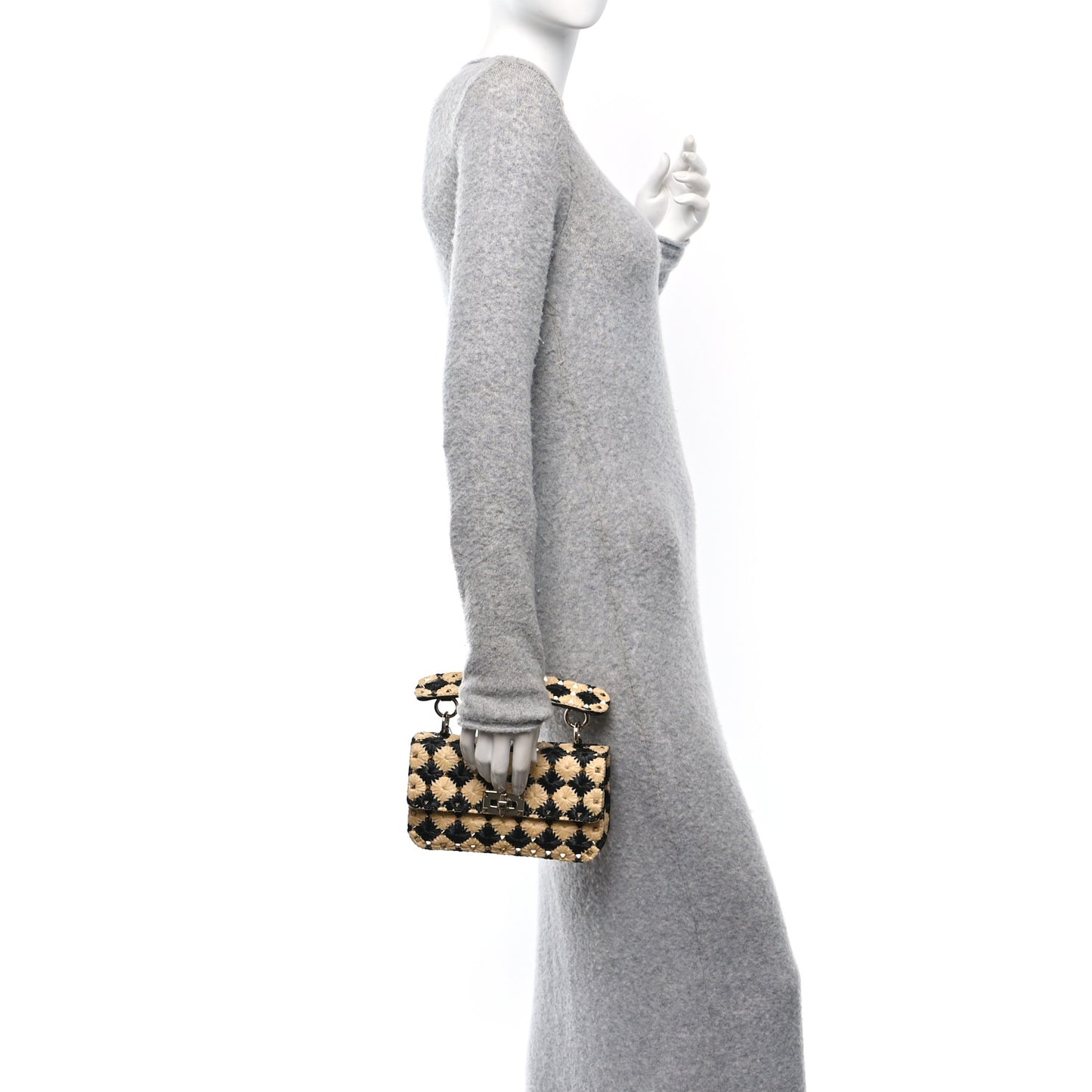 Raffia Embroidered Checkered Small Rockstud Spike Shoulder Bag Natural Black