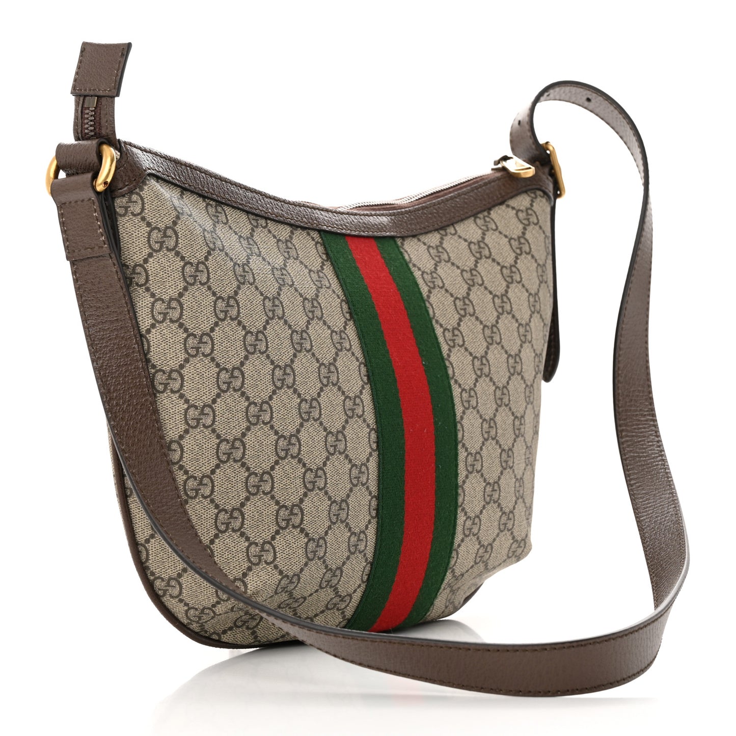 GG Supreme Monogram Textured Dollar Calfskin Web Small Ophidia Half Moon Hobo Beige Ebony New Acero