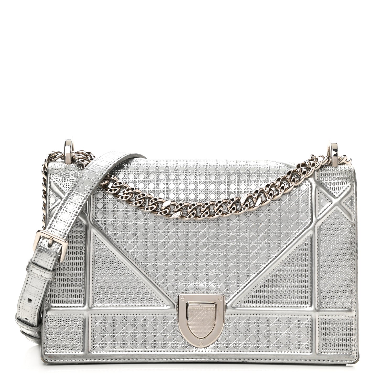 Metallic Patent Micro-Cannage Small Diorama Flap Bag Silver