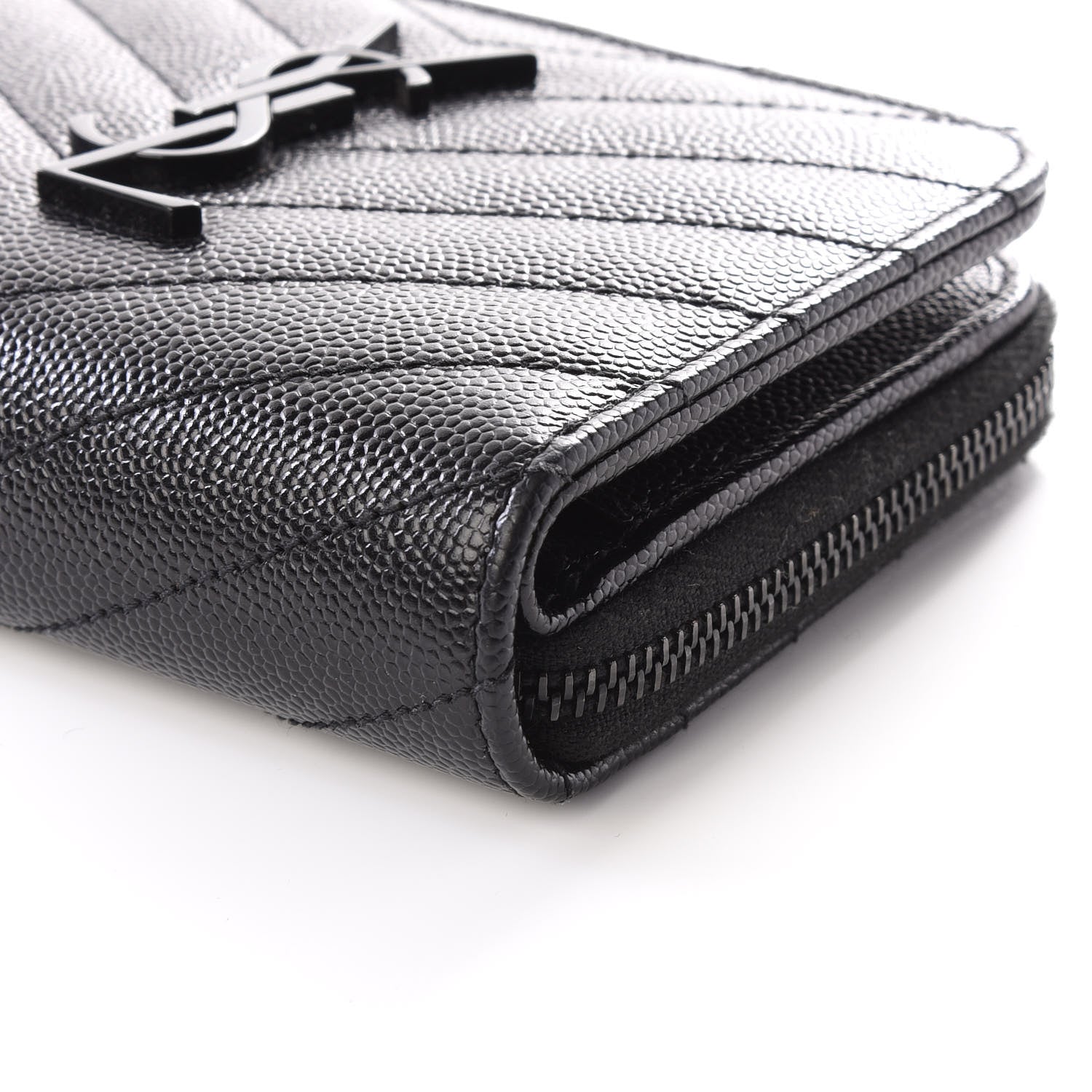 Saint Laurent Grain De Poudre Matelasse Chevron Monogram Compact Zip Around Wallet Black 6 of 10
