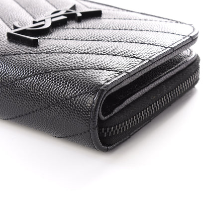 Saint Laurent Grain De Poudre Matelasse Chevron Monogram Compact Zip Around Wallet Black 6 of 10