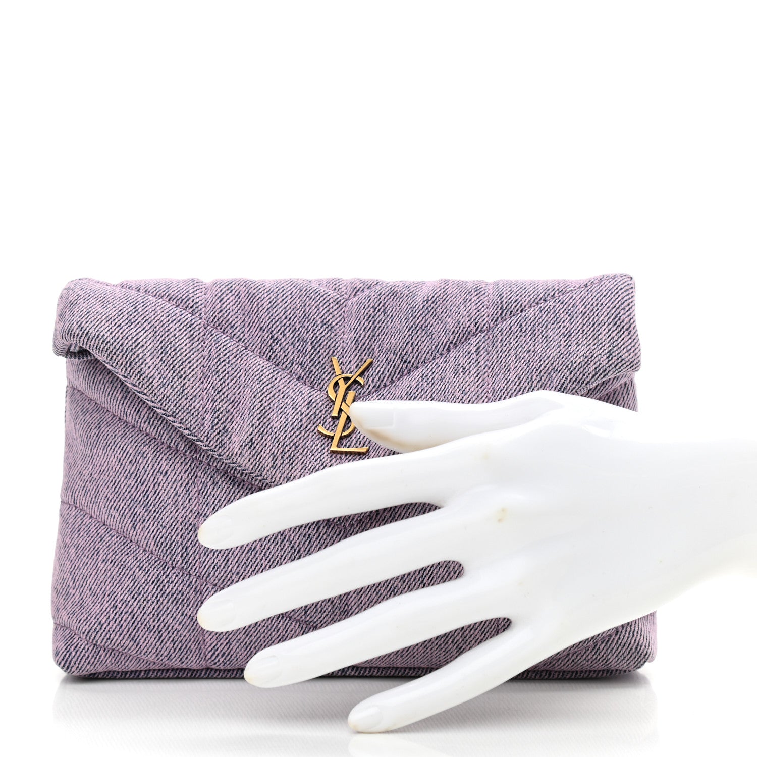 Saint Laurent Denim Quilted Loulou Puffer Monogram Pouch Clutch Bleached Lilac 3 of 9