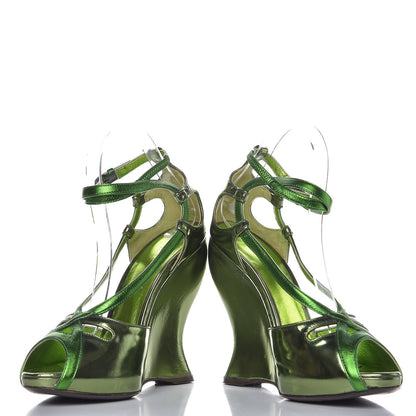 Bottega Veneta Metallic Calfskin Wedge Sandals 38 Green 5 of 11