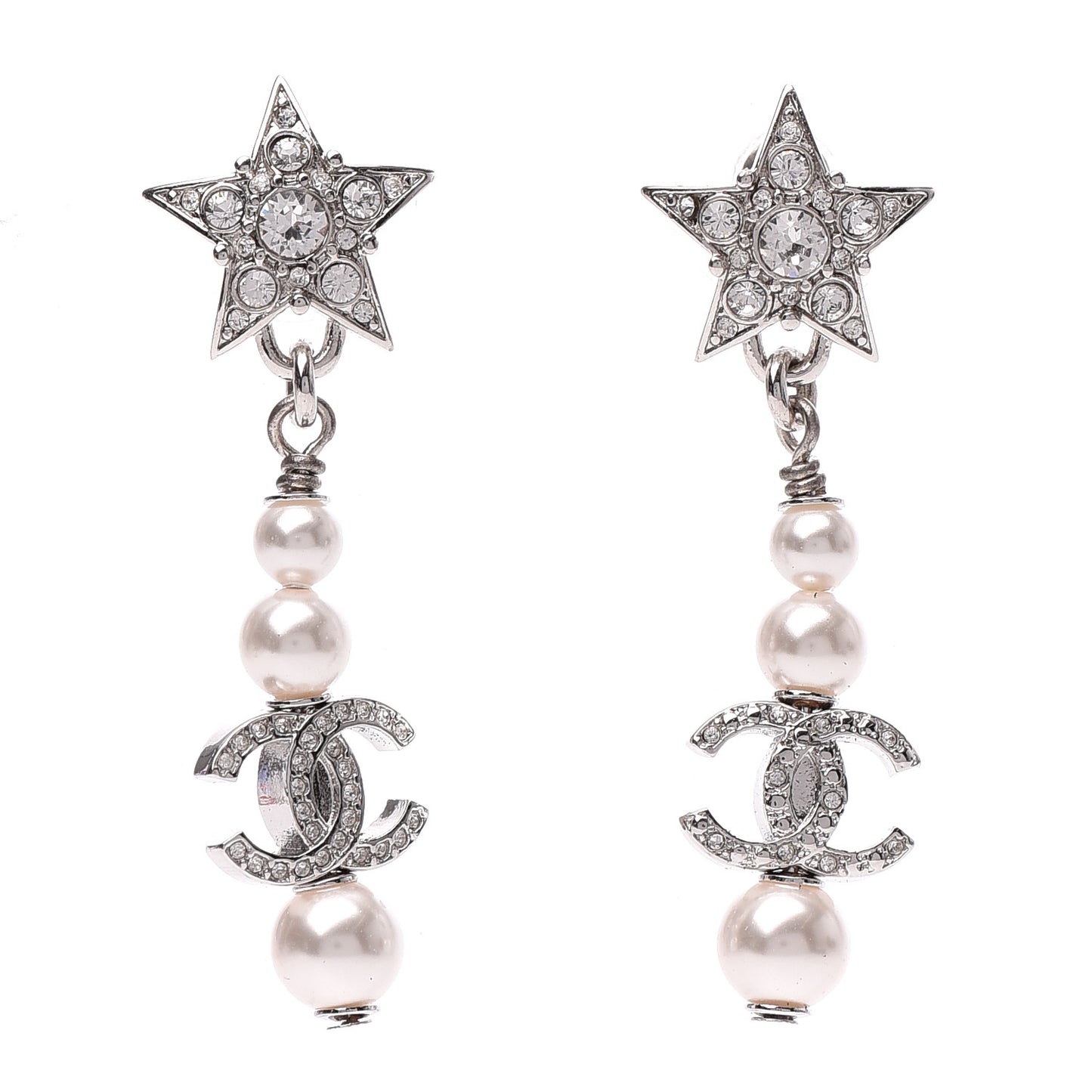 Crystal Pearl CC Star Drop Earrings Silver