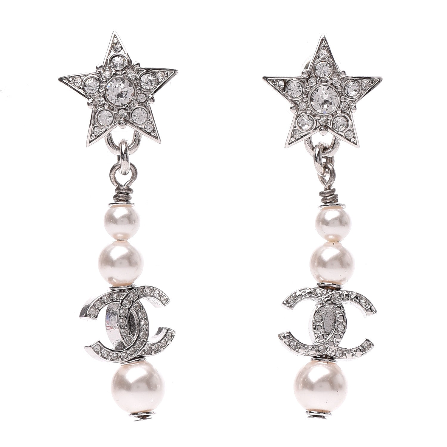 Chanel Crystal Pearl CC Star Drop Earrings Silver 1 of 4