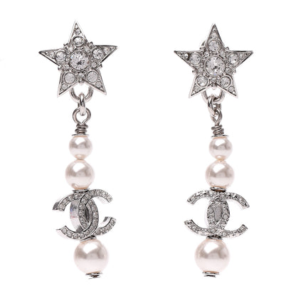 Chanel Crystal Pearl CC Star Drop Earrings Silver 1 of 4