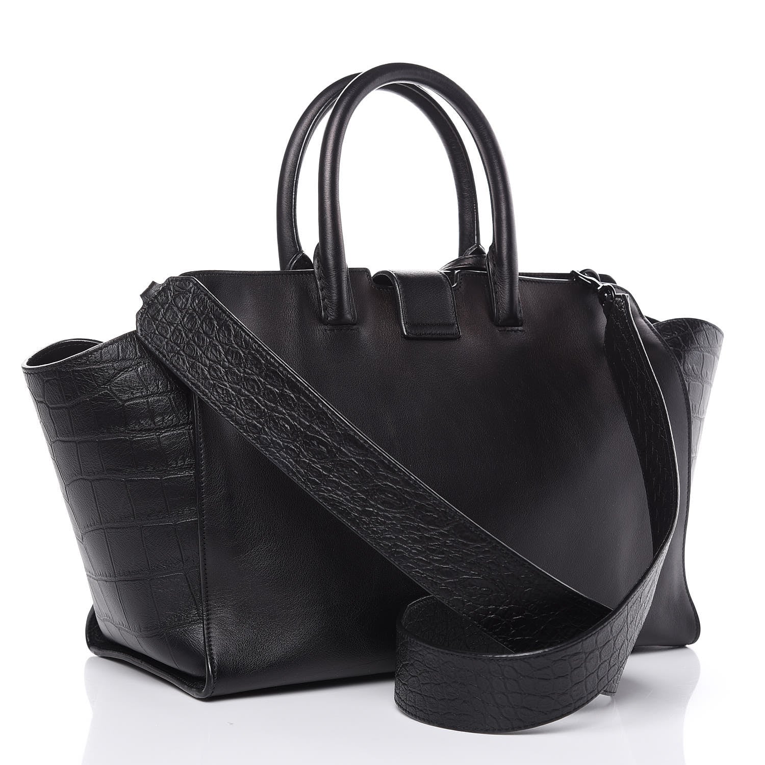 Saint Laurent Smooth Calfskin Crocodile Embossed Small Monogram Downtown Cabas Black 3 of 16