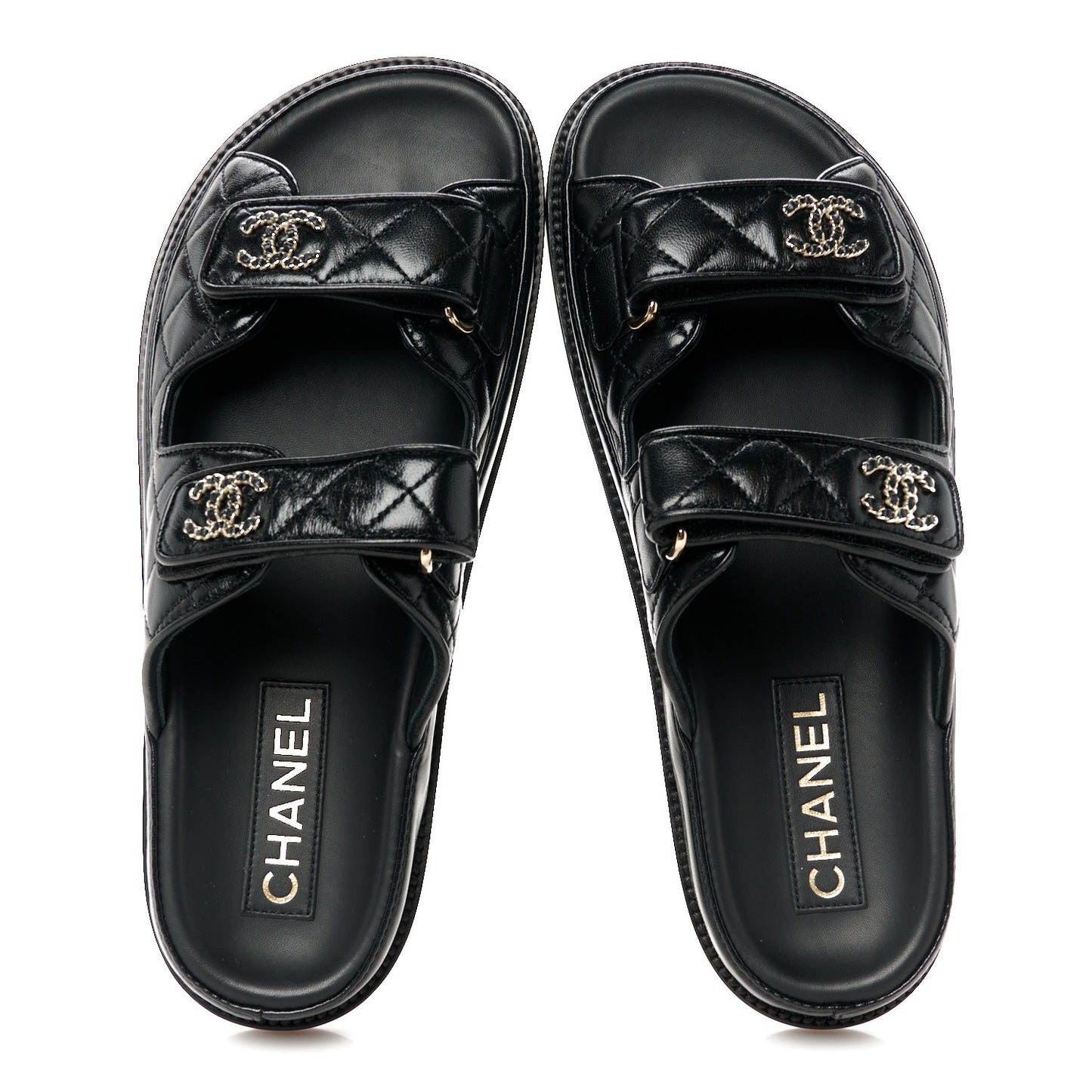 Lambskin Quilted Velcro Dad Chain CC Slide Sandals 38.5 Black