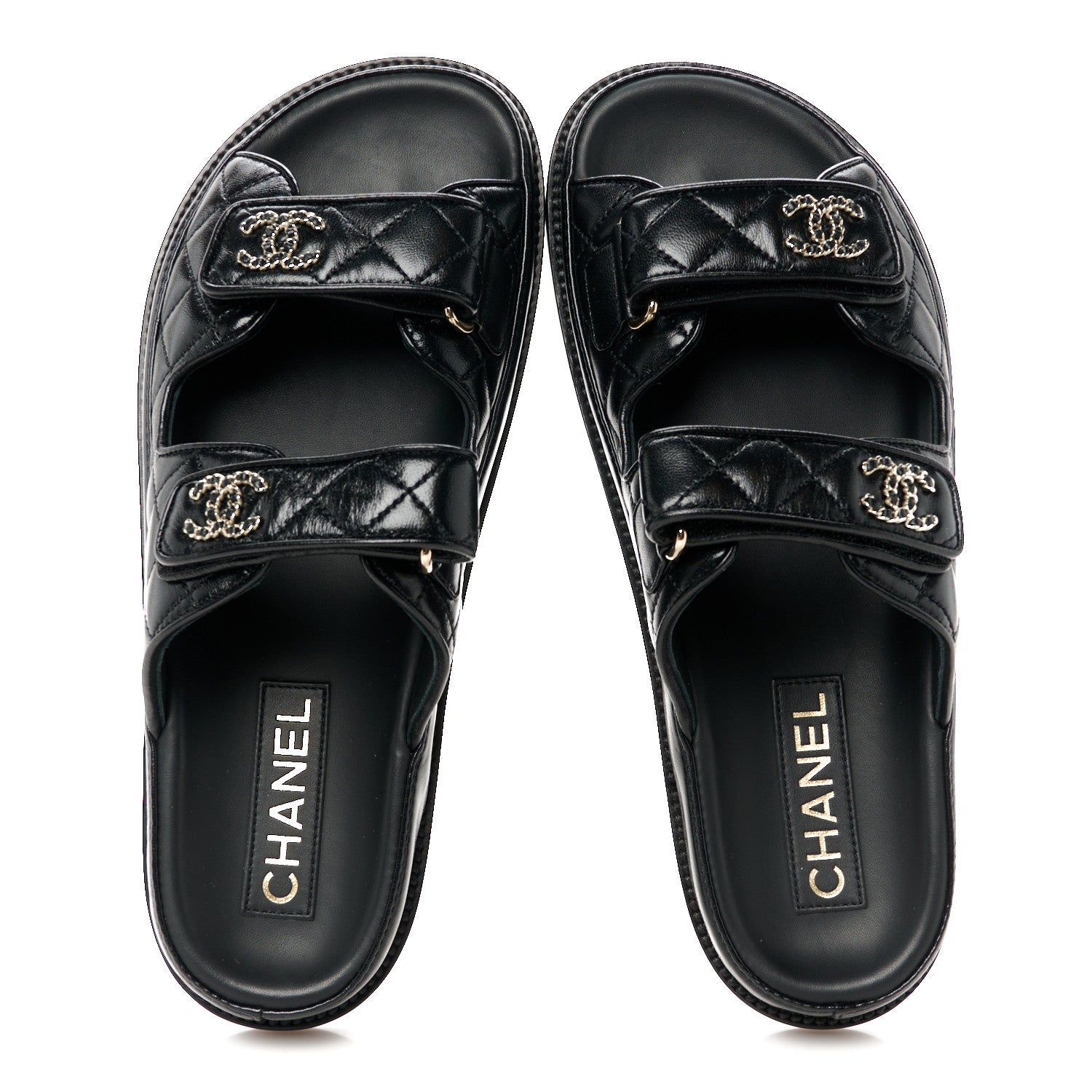 Chanel Lambskin Quilted Velcro Dad Chain CC Slide Sandals 38.5 Black 2 of 9