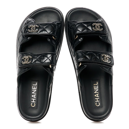 Chanel Lambskin Quilted Velcro Dad Chain CC Slide Sandals 38.5 Black 2 of 9