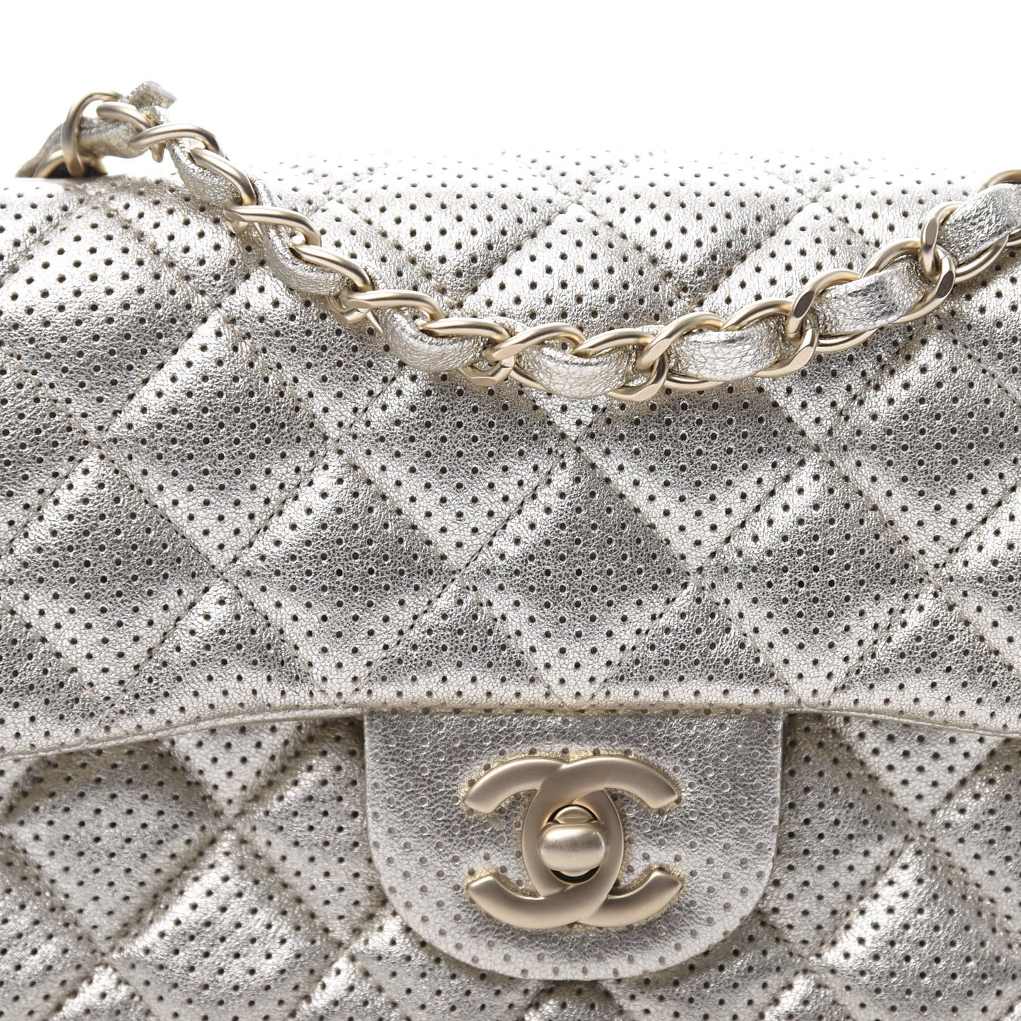 Metallic Lambskin Perforated Mini Rectangular Flap Light Gold
